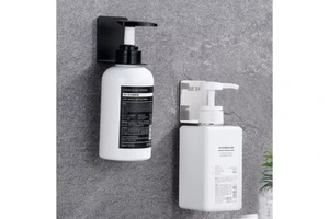 Self Adhesive Wall Mount Stainless Steel Liquid Soap & Shampoo Dispenser Holder with Storage Organizer for Bathroom Kitchen Home