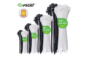 FSCAT UV Resistant Nylon 66 Self-Locking Cable Tie Wrap Clamp Set Multiple Sizes for Electrical Industrial Wire Management