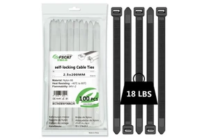 For 100 Pcs Black Nylon 66 Self-Locking UV Cable Ties 2.5x80mm ROHS+CE Certified for Cable Bundling