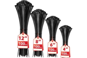 Black Cable Zip Ties Assorted Sizes 12+8+6+4 Inch Multi-Purpose Self-Locking Nylon Plastic Wire Ties for Home Office Garden Use