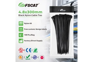 FSCAT Nylon 66 Black Zip Cable Tie Self-Locking 100pcs Plastic 4.8x300mm Good Tensile Strength UL Electrical Use Cable Ties