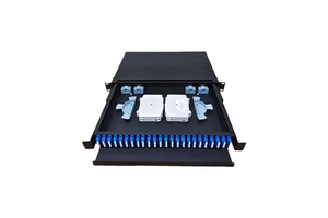 1U 24 Port Fixed Fiber Optic Patch Panel, Wall Mount or Rack Mount Termination Box, Cold Rolled Steel, Black Powder Coated, RoHS