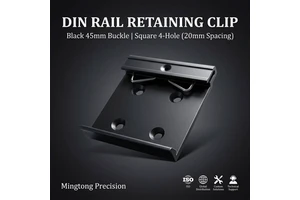 Black Aluminum 45 Wide 35mm Metric DIN Rail Clip With Snap Hook Square Hole 20mm Hole Spacing M4 Thread For Mounting Brackets