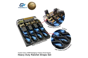 Wholesale 25mmX4.5mX4pcs S Hook Lashing Belt Polyester Ratchet Tie Strap Rubber Handle Buckle 500kg Break Strength TUV Certified