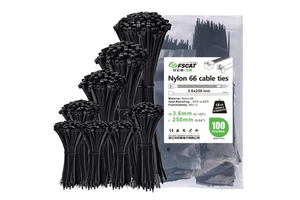 FSCAT 100pcs Heavy Duty Nylon 66 Cable Wire Ties 10 Inch (250mm) UL Listed Self Locking Zip Ties for Industrial