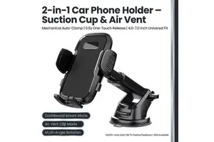 Universal One-Touch Car Phone Mount with Strong Suction Cup - 360° Rotation & Adjustable Arm for Dashboard/Windshield