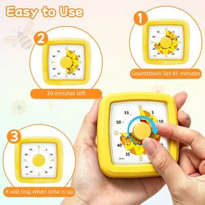 Painted Frame Kids Visual Timer 60-Minute Countdown Kitchen Timer Analog Display Plastic Sunflower Bee Pattern Mini Timer