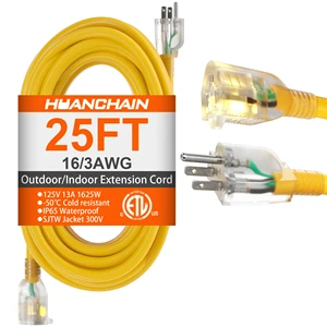 Heavy Duty Waterproof Yellow Extension Cord 12/3 25ft Power Retractable Electrical Outdoor Power Cable