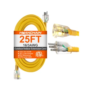 ETL 25ft Heavy Duty Electrical Outdoor Extension Cord 13A 125V Yellow Jacket