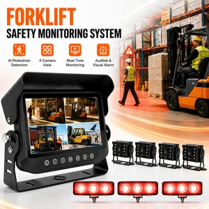 Forklift AI Pedestrian Detection System Split Screen AHD 7 Inch 4CH Monitor 4 Cameras 3 Warning Lights IP68 Waterproof Collision