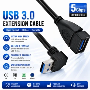 LUNG KAY USB3.0 Extension Cable 5Gbps Data Sync 90 Degree Right Angle Male to Female Cord for Industrial Camera Rack