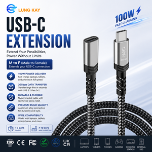 LUNG AKY OEM 20Gbps Data Transfer PD USB 3.1 Gen2 Type-C Male To Female Nylon Braided Extension Cable For Laptop Phone Monitor