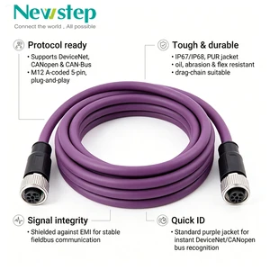 Newstep M12 A/B Coded 5 Pin Female-Female DeviceNet CANopen Fieldbus Cable 60V Copper Conductor Purple Shielded PUR Jacket IP68