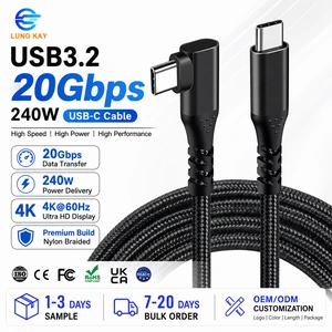 LUNG KAY 1M 2M 90 Degree Right Angle Type-C 20Gbps USB 3.2 4K Video 5A Fast Charging Nylon PVC Braided VR Camera Cable Computer