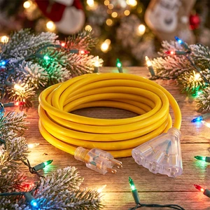 12/3 14/3 AWG SJTW US Standard 3 Prong Yellow Power Cord With Neon Indicator Light Multi Outlet Electric Extension Cable