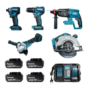 Makita 18V LXT 5-Tool Combo Kit Impact Drill Screwdriver Circular Saw DGA404 Grinder Hammer Drill 4x6.0Ah Batteries Dual Charger