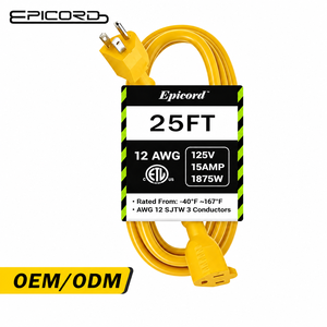 12/3 AWG SJTW 25 ft Electrical Extension Wire NEMA 5-15 3 Prong Waterproof Flexible Power Cord for Heavy Duty Equipment Supply