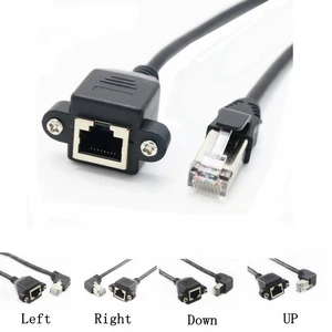 8P8C RJ45 Cable Male to Female Screw Panel Mount Ethernet LAN Network 90 Degree Right Left Angle Extension Cable 0.3m 0.6m 1m