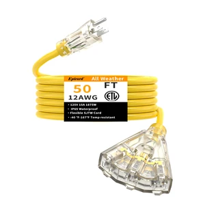 12 Gauge SJTW 3 Way 50Ft Multi Outlet Extension Cords Yellow Heavy Duty Outdoor Power Cables With Lighted Plug For Project