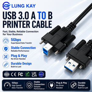LUNG KAY USB 3.0 Industrial Camera Cable A Male To B Male With Dual 4-40 Lock Screws High-Flex Anti-Vibration Panel Mount Cord