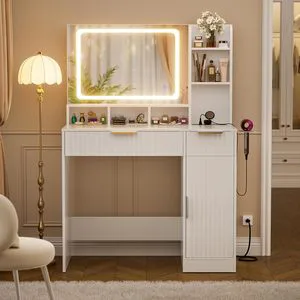 Fluted LED Vanity Desk Mirror Lights Wood Makeup Vanity Desk Power Strips Modern Dressing Table Storage Cabinet for Bathroom