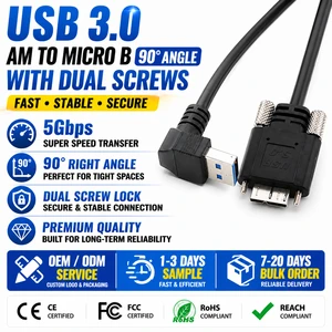 LUNG KAY Custom USB 3.0 a Male to Micro B Cable with Double Screw Lock 90 Degree Angle for Industrial Vision Cameras
