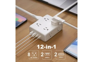Surge Protector Flat Extension Cord Power Strip 6Ft, 8 Outlets With 4USB Ports (2 USB-C), 1350 Joules Protection