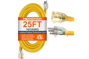 Heavy Duty Waterproof Yellow Extension Cord 12/3 25ft Power Retractable Electrical Outdoor Power Cable