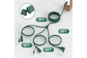 15FT Outdoor Green Extension Cord with Multiple Outlets, Evenly Spaced 3 Outlets, Light Duty 16/3 SJTW Cable with Grounded Plugs