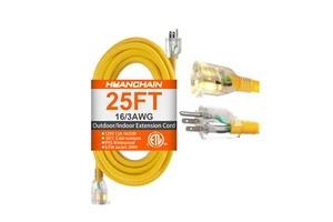 ETL 25ft Heavy Duty Electrical Outdoor Extension Cord 13A 125V Yellow Jacket