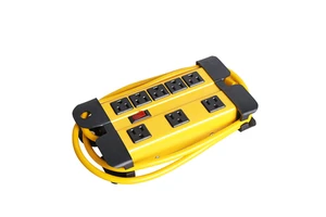 Heavy Duty Metal Power Strip 10 Outlet 15ft Long Cord 2800 Joules Yellow Steel Surge Protector for Construction Site Tools