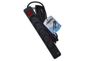 French Type Black 5 Outlets Extension Cable H05VV-F 3G1.0mm Sq 3/5/10 Meters IP20 Power Strip USB Type-C Sockets PVC Insulation