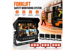 Forklift AI Pedestrian Detection System Split Screen AHD 7 Inch 4CH Monitor 4 Cameras 3 Warning Lights IP68 Waterproof Collision