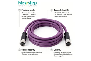 Newstep M12 A/B Coded 5 Pin Female-Female DeviceNet CANopen Fieldbus Cable 60V Copper Conductor Purple Shielded PUR Jacket IP68