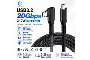 LUNG KAY 1M 2M 90 Degree Right Angle Type-C 20Gbps USB 3.2 4K Video 5A Fast Charging Nylon PVC Braided VR Camera Cable Computer