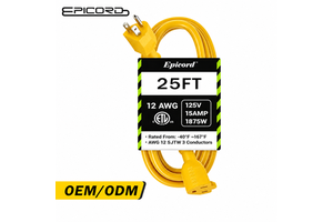 12/3 AWG SJTW 25 ft Electrical Extension Wire NEMA 5-15 3 Prong Waterproof Flexible Power Cord for Heavy Duty Equipment Supply