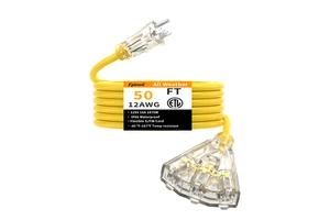 12 Gauge SJTW 3 Way 50Ft Multi Outlet Extension Cords Yellow Heavy Duty Outdoor Power Cables With Lighted Plug For Project