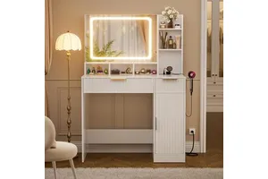 Fluted LED Vanity Desk Mirror Lights Wood Makeup Vanity Desk Power Strips Modern Dressing Table Storage Cabinet for Bathroom