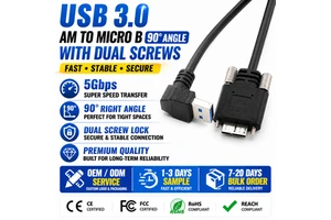 LUNG KAY Custom USB 3.0 a Male to Micro B Cable with Double Screw Lock 90 Degree Angle for Industrial Vision Cameras