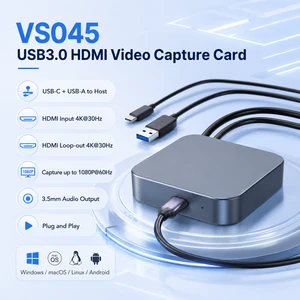 USB3.0 HDMI Capture Card 1080P60 4K30 Loopout USB-A&Type-C Dual Plug 3.5mm Stereo Audio Out Driver Free for Live Streaming