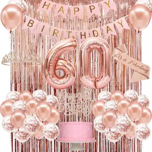 HAWIN 60th Birthday Party Supplies for Women Reusable Rose Gold Balloons & Cake Toppers with Crown Sash Indoor Use