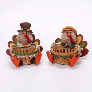 2-Piece Plush Turkey Figurine Set with Harvest Basket Fall Thanksgiving Tabletop Decor Christmas Ornament