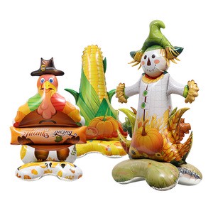 Thanksgiving Party Photo Backdrop with 4D Three-dimensional Standing Straw Man and Turkey, Super Large Aluminum Film Balloons