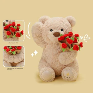2 In 1 Rose Flower Bouquet Valentine's Day Gift Teddy Bear Doll Cute Stuffed Animals Pink Bear Soft Plush Toys With Roses