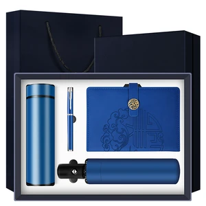 Custom Logo Silk Screen Stainless Steel 4-in-1 Notebook Pen Flask Umbrella Set for Father's Day