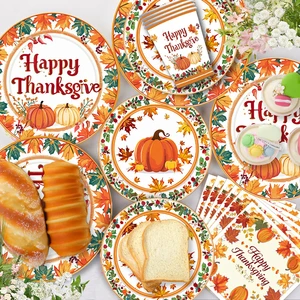 Thanksgiving Fall Party Supplies - Dinnerware Set with Autumn Maple Leaves Paper Plates Napkins Cups for Harvest Celebrations