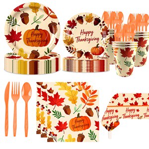 Thanksgiving Autumn Maple Leaf Theme Biodegradable Disposable Tableware Set with Paper Plates Cups Napkins Tablecloth (25 Packs)