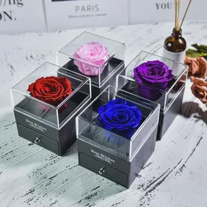 Christmas Mothers Day Gifts 4-5 cm Rose Head Preserved Rose Flower Acrylic Jewelry Box Gifts for Mom Women