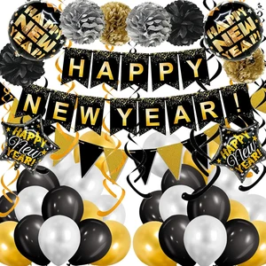 New Year's Day Theme Party Decoration New Year's Eve Party Decoration Black Gold Flag Spiral Balloon Set