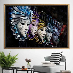 Printed Canvas Artwork: Modern Venetian Carnival Masks Wall Decor,GOLD FRAMED CANVAS